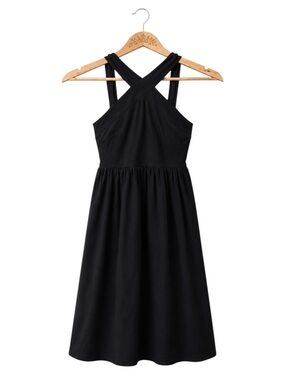 Black Linen Blend Cross Back Midi Dress Pockets Size Small Vacation Coastal